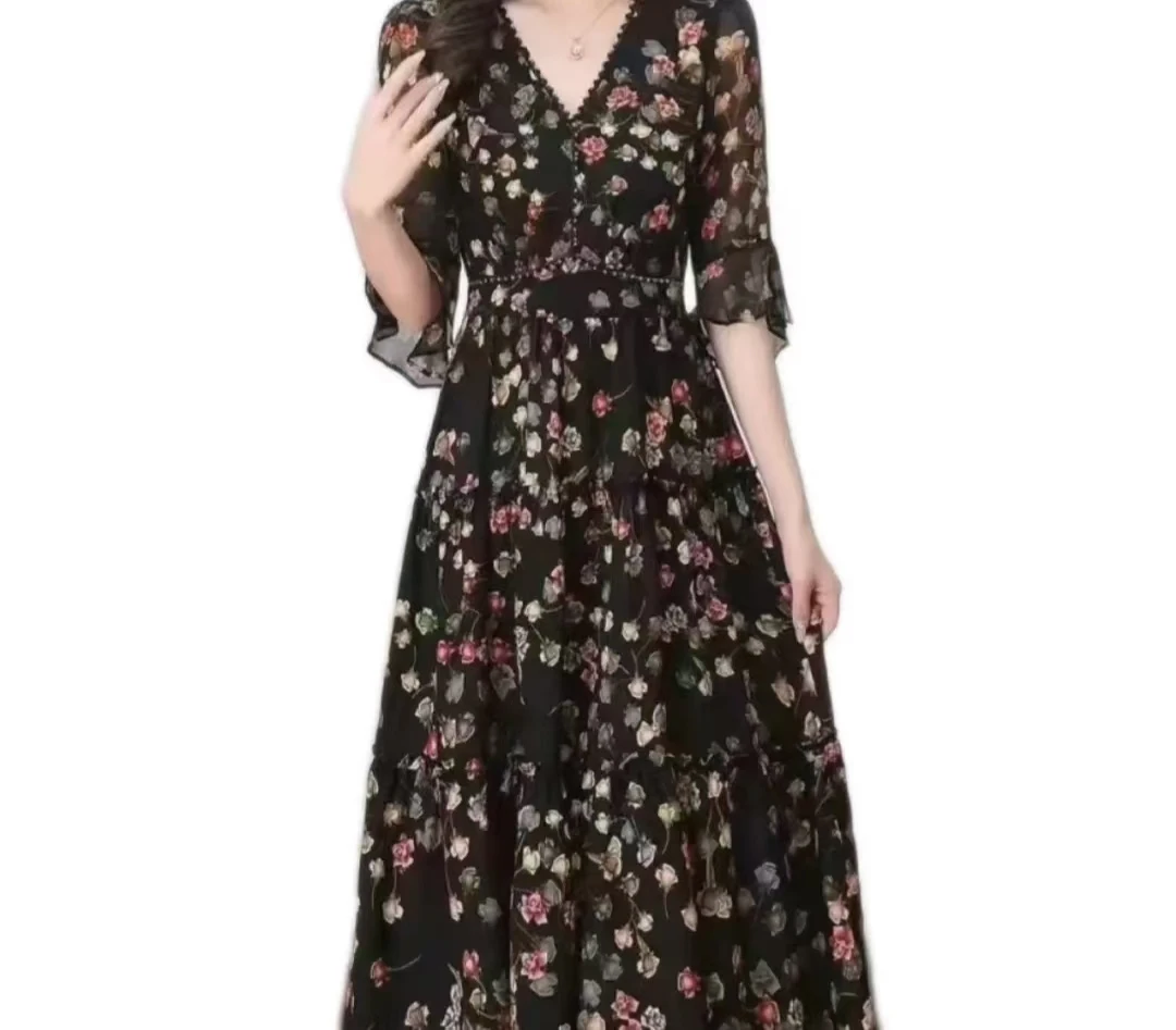 裙子V领荷叶袖2025新款夏季连衣裙中长裙显瘦气质印花时尚法式