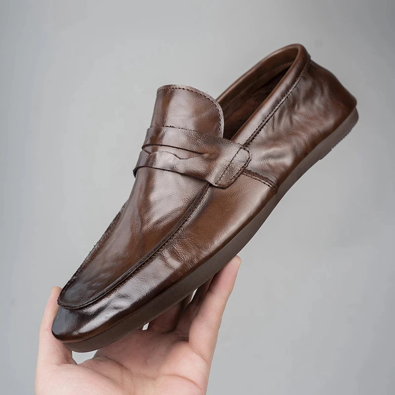 头层牛皮新款一脚蹬休闲耐磨豆豆鞋乐福鞋男士软底软面男鞋防滑