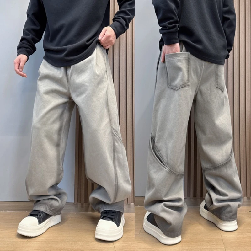 2025秋冬季渐变做旧加绒加厚休闲水洗直筒垂感高街阔腿宽松牛仔裤