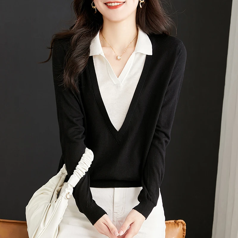 哥弟阿玛施正品秋季新款拼色长袖POLO领针织衫时尚洋气休闲上衣