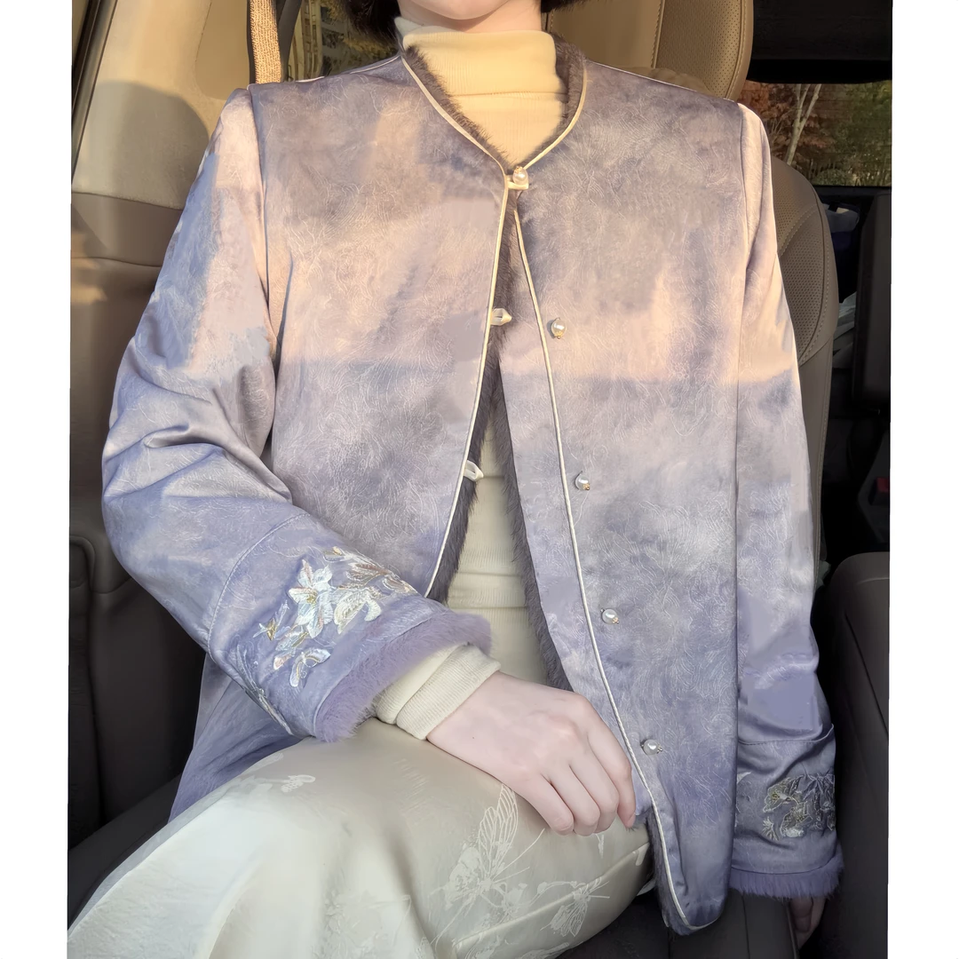 【紫霞】双面穿新中式外套保暖长袖气质时尚宽松女装冬季毛绒扎染