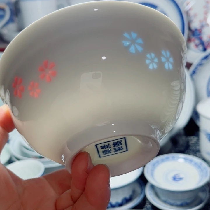 青花玲珑5寸饭碗三星花彩玲珑