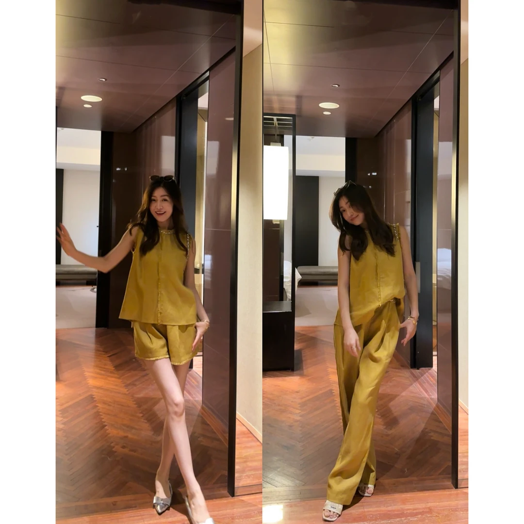 W·HAHA【现货】【珊瑚海】100亚麻拉毛工艺手工贝壳链无袖套装52091