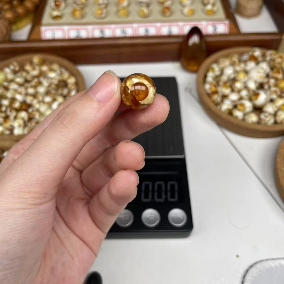 沁色蜜蜡白花圆珠一物一图尺寸14.5mm搭配手串好看9196号