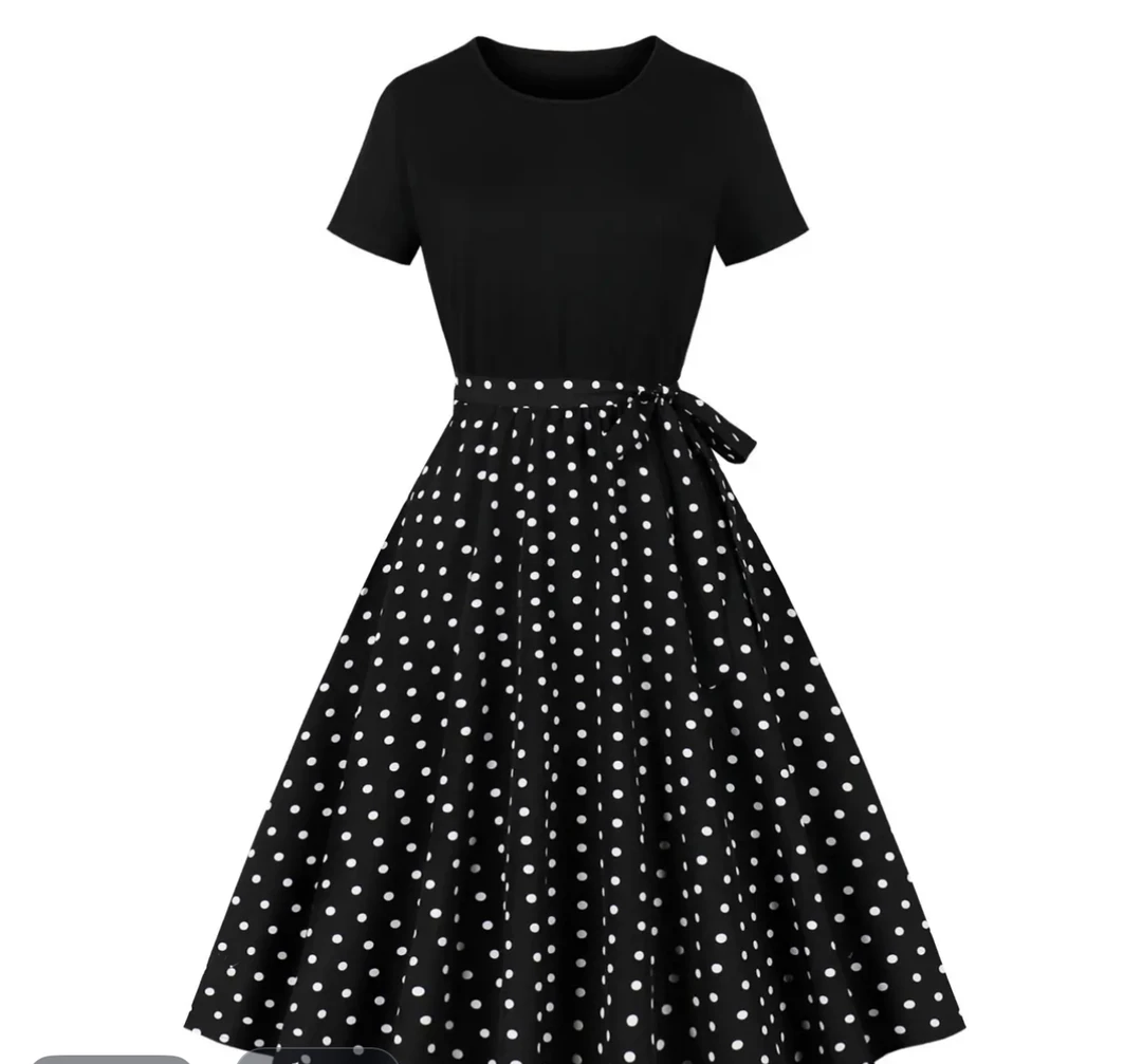 Y882{裙长102}气质百搭2025新款女装圆领短袖黑拼印花大摆连衣裙