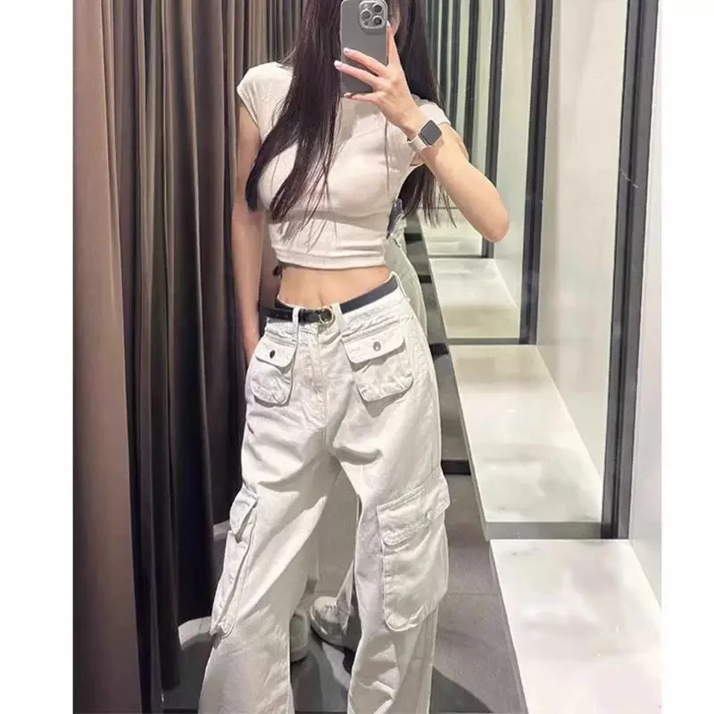 工装裤 白色多口袋