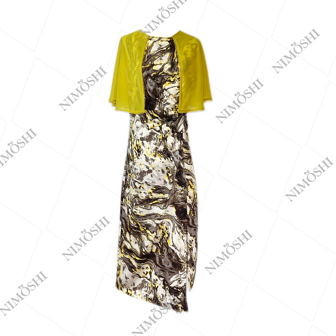 lulu水墨画设计假两件披风不对称优雅长款连衣裙Q1633