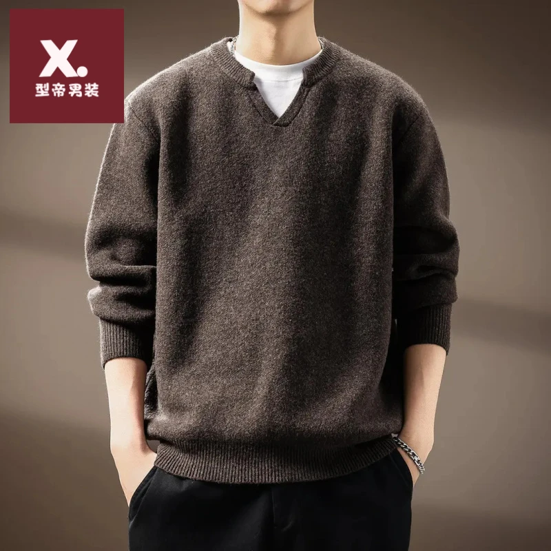高端700g重磅V领毛衣男秋季慵懒套头假两件打底衫保暖针织衫外套