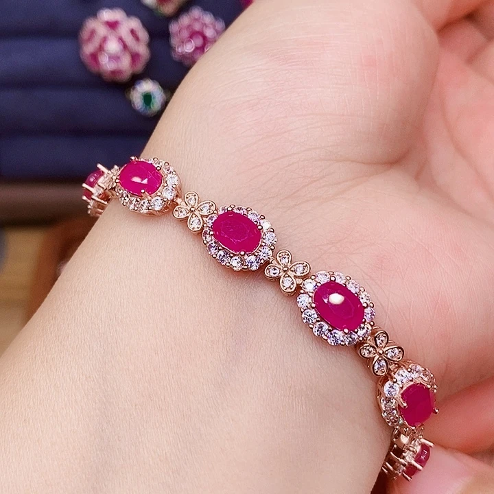 元***六红宝石银S925镶嵌手链