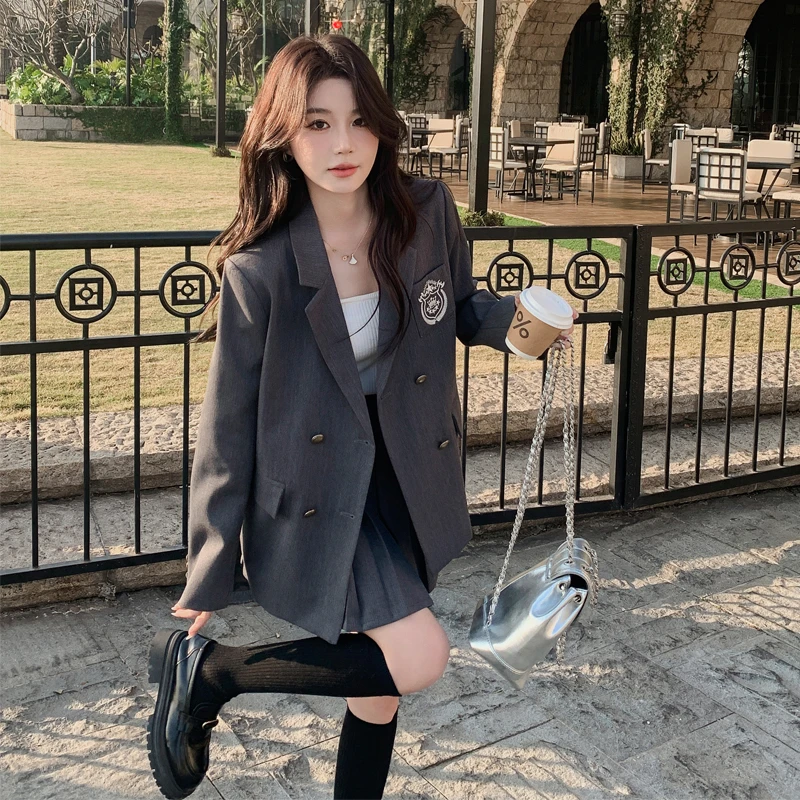 灰色超好看学院风小西装套装女2025年早春气质小个子百褶裙两件套