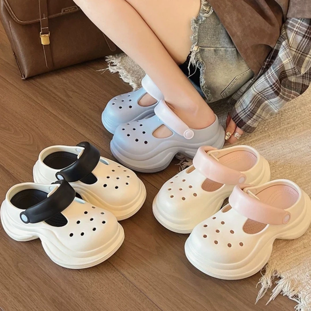 新款小蛮腰双色时尚外穿厚底大头洞洞半拖鞋8014