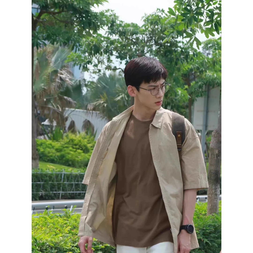 白敬亭款春夏薄五分袖扣外套日系休闲T恤简约衬衣青春潮流四季通