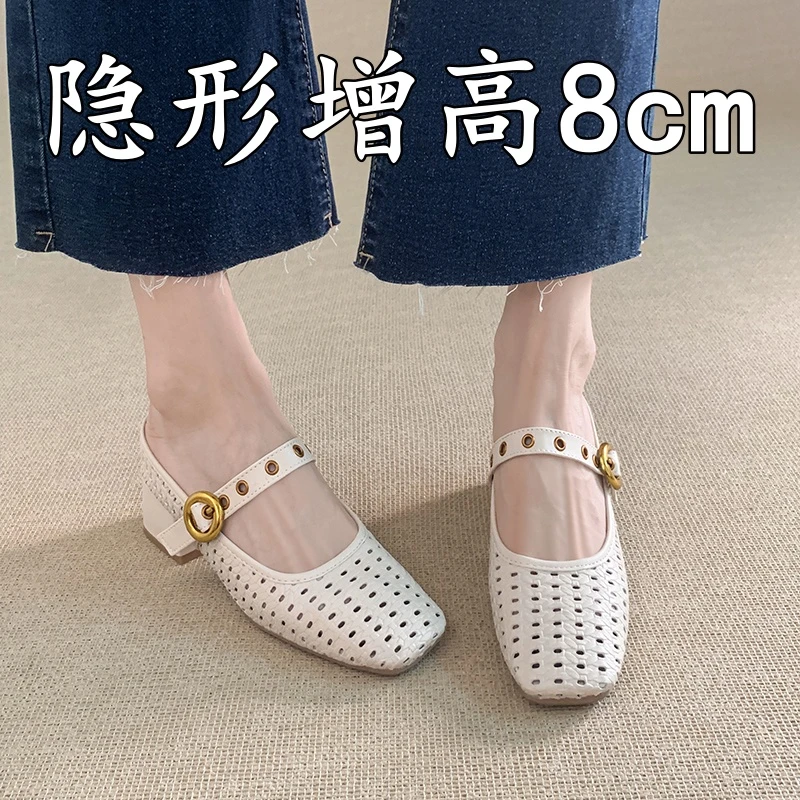 《福发发专属》小码334码内增高8cm法式镂空编织一字带半拖凉拖鞋女