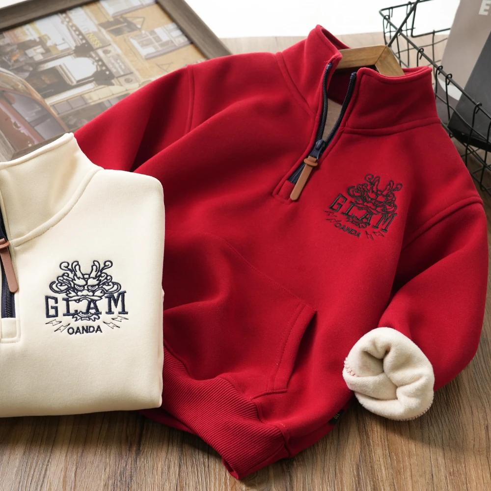 拜年服儿童刺绣喜庆开领加绒卫衣男童中大童上衣1013