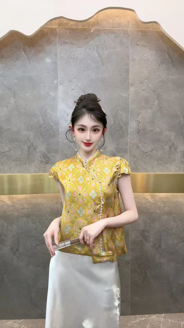 1086新国潮提花刺绣不规则短袖上衣