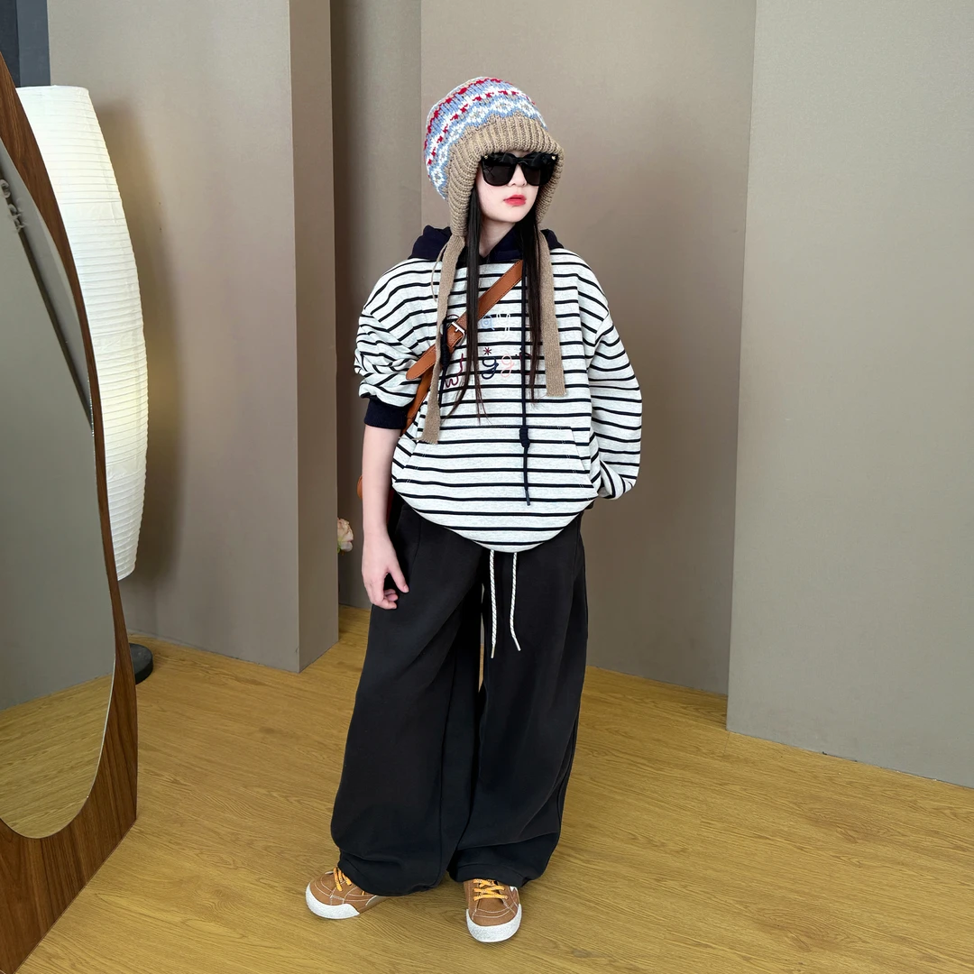 女童2025新款韩版时尚宽松条纹连帽潮流穿搭卫衣百搭休闲卫裤套装