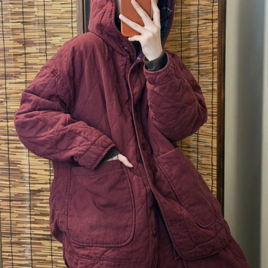 新款秋冬文艺风亚麻连帽长款棉服外套百搭简约衣长73 胸围122