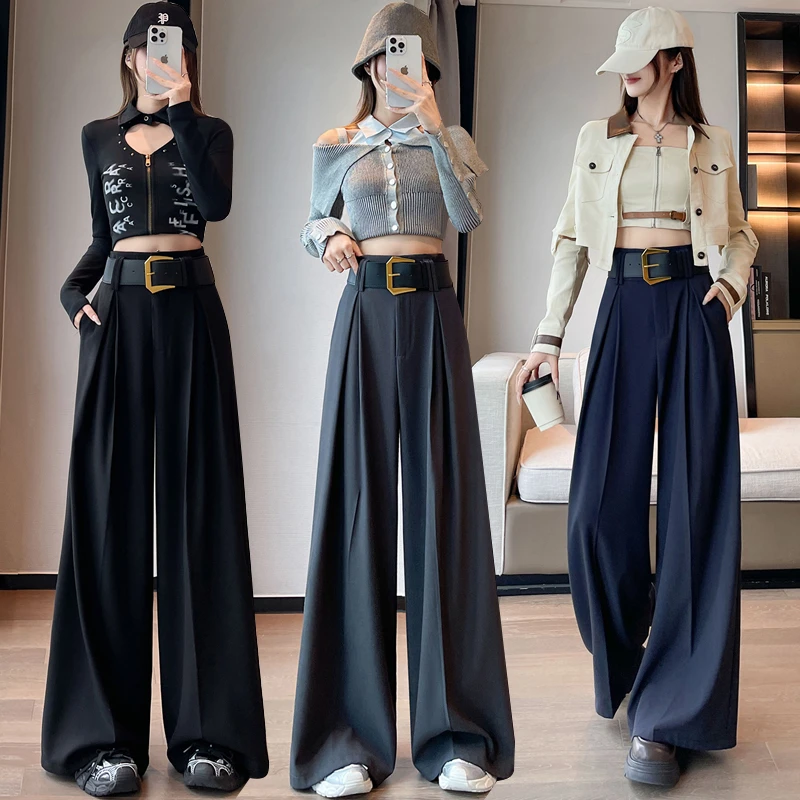拉夏贝尔西装阔腿裤女2025秋季新款高腰垂感显瘦窄版直筒休闲长裤