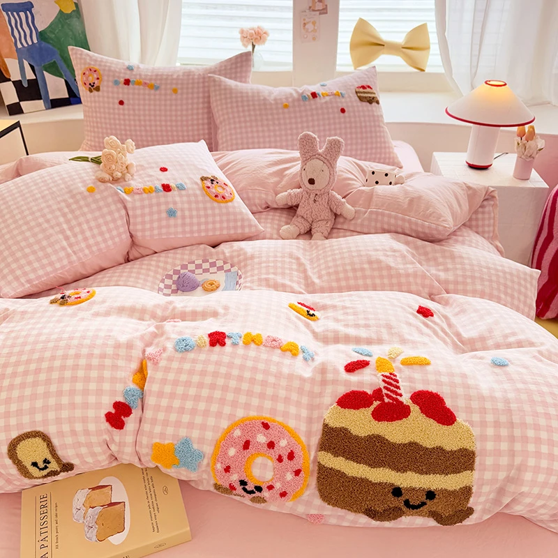 水洗棉四件套贴布绣可爱床品套件被套单人学生宿舍