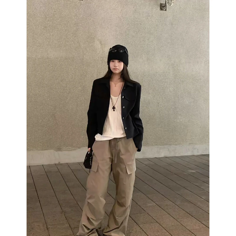 美式穿搭休闲百搭洋气小众秋冬长袖黑色夹克外套高腰阔腿裤工装裤