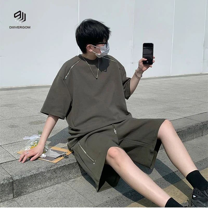 DIIIVERGOM酷帅套装夏季拉链设计感潮牌潮牌t恤短袖短裤夏装男款