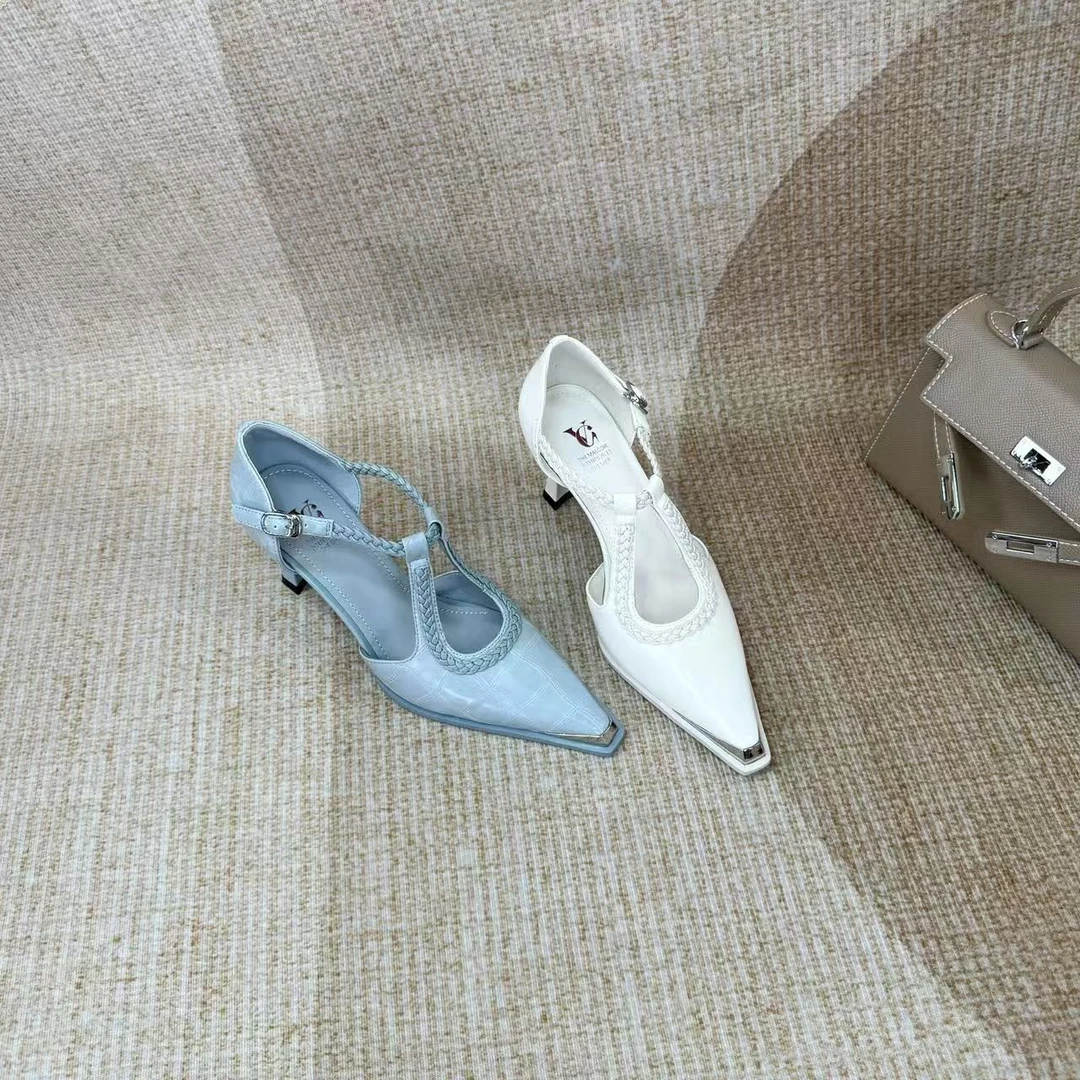 跟高7编织交叉带气质时尚高跟蓝色尖头凉鞋女