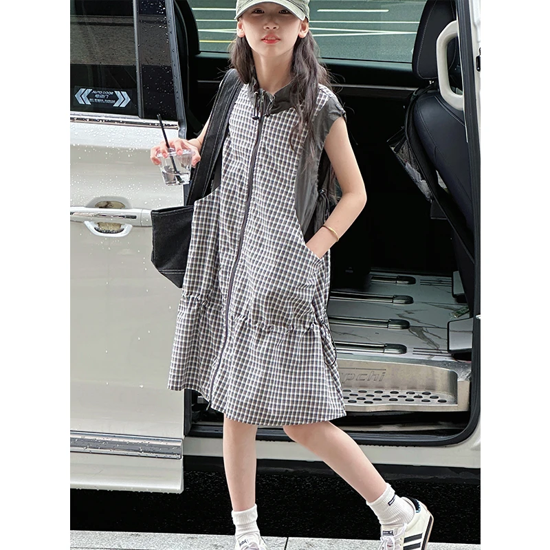 K29303孙小美格纹拼接夏装连衣裙2025儿童裙子女大童背心裙子