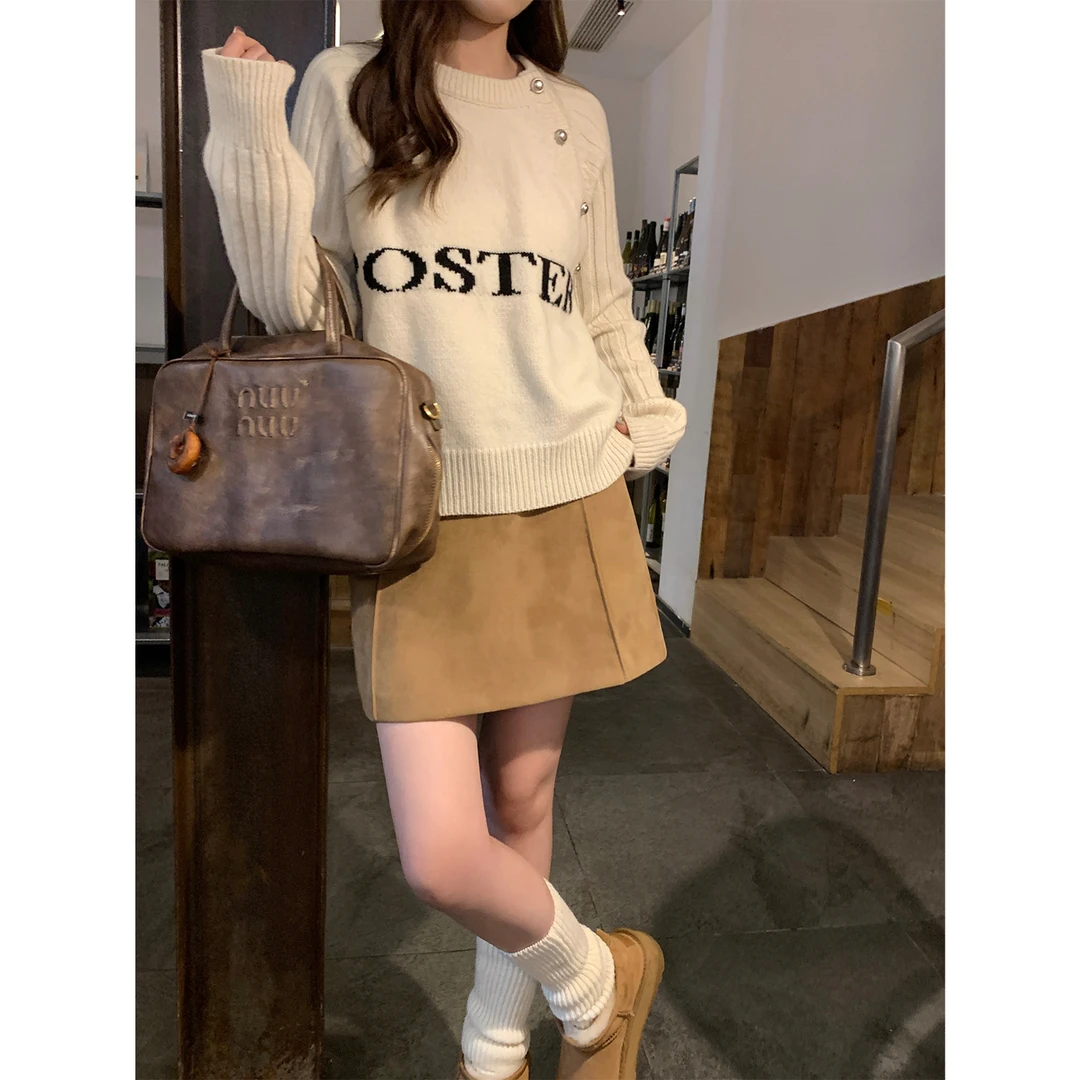 米花家【曲奇街角】直筒高腰短款半身裙女秋季新款复古百搭裙子