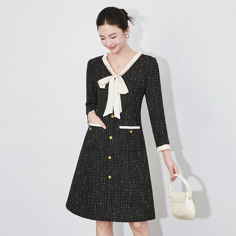 春秋法式小香风长裙女轻奢亮片亮丝编织粗花呢拼接丝带领连衣裙女