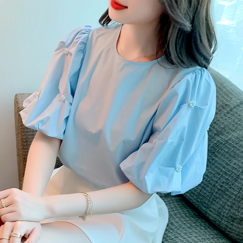 小个子蓝色雪纺衬衫女夏季2025新款轻奢高级感小衫气质泡泡袖上衣