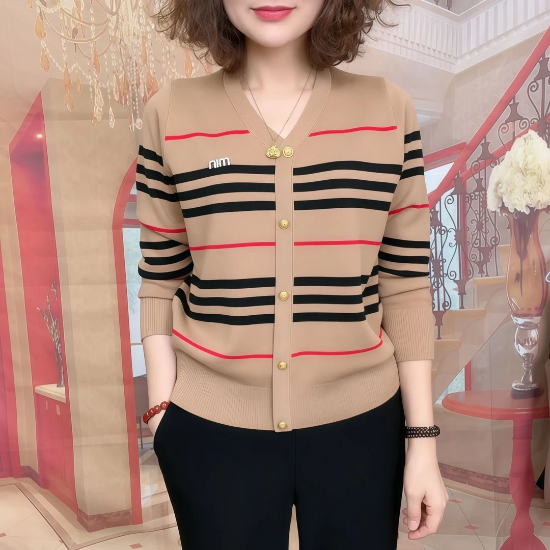 2025春季新款条纹V领长袖毛针织衫圆领百搭显瘦毛衣时尚上衣减龄
