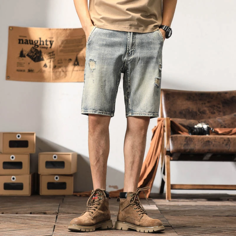 新款夏季水洗复古牛仔短裤男美式高街破洞裤子宽松五分裤