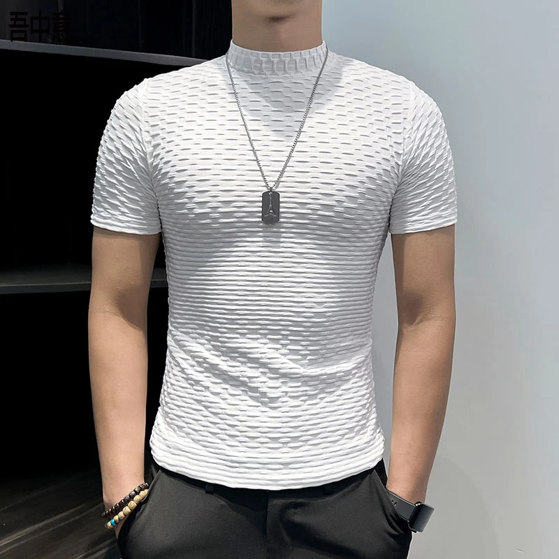 小中领短袖t恤男打底衫男款爆款2025新款弹力修身立体网格体恤男