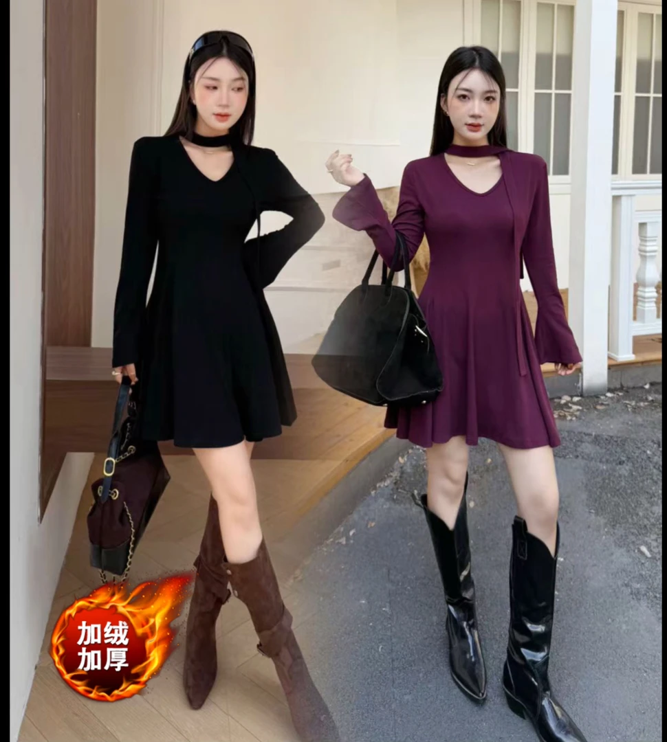 韩系秋冬温柔风设计感收腰百褶飘带连衣裙大V领修身显瘦a字针织裙