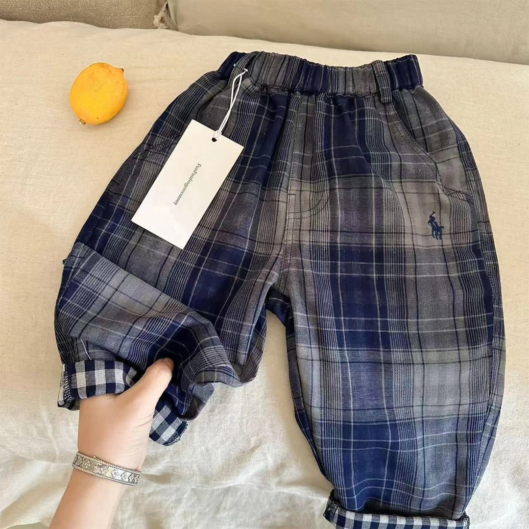 男童中小童2025新款纯棉长裤子夏季薄款防蚊裤双面格子休闲百搭