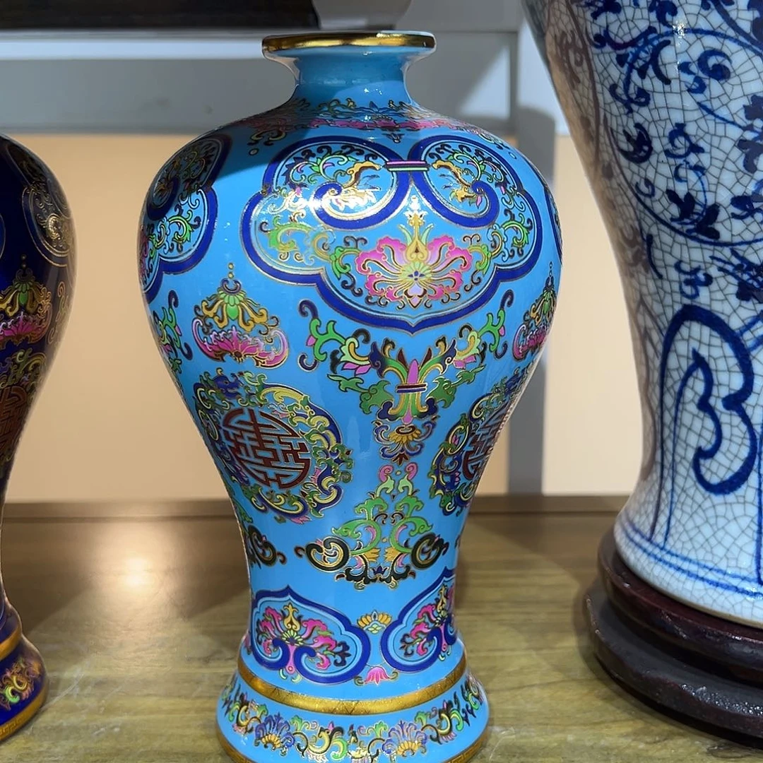 陶摆件19cm天蓝色梅瓶