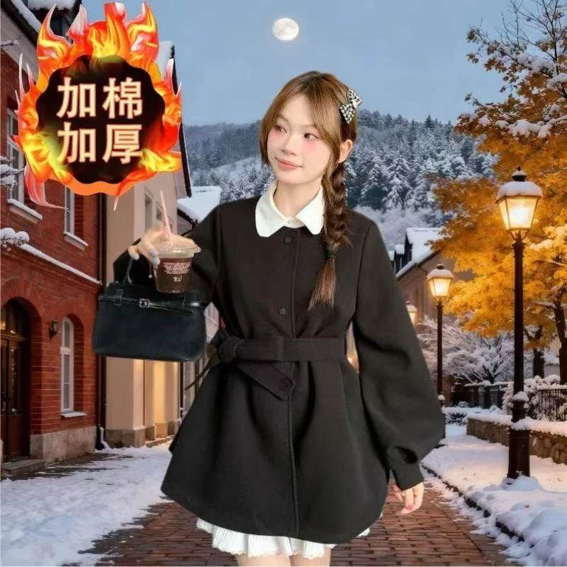 灯笼袖秋冬短款显瘦小个子黑色收腰冬季毛呢外套圆领外套呢子宽松