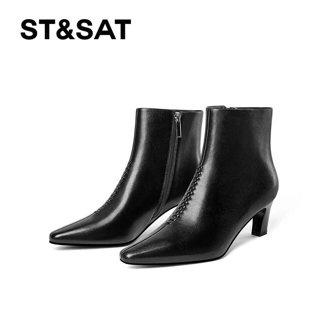 St&Sat/星期六气质时装靴高跟秋冬瘦瘦靴简约细跟女靴时尚短靴v