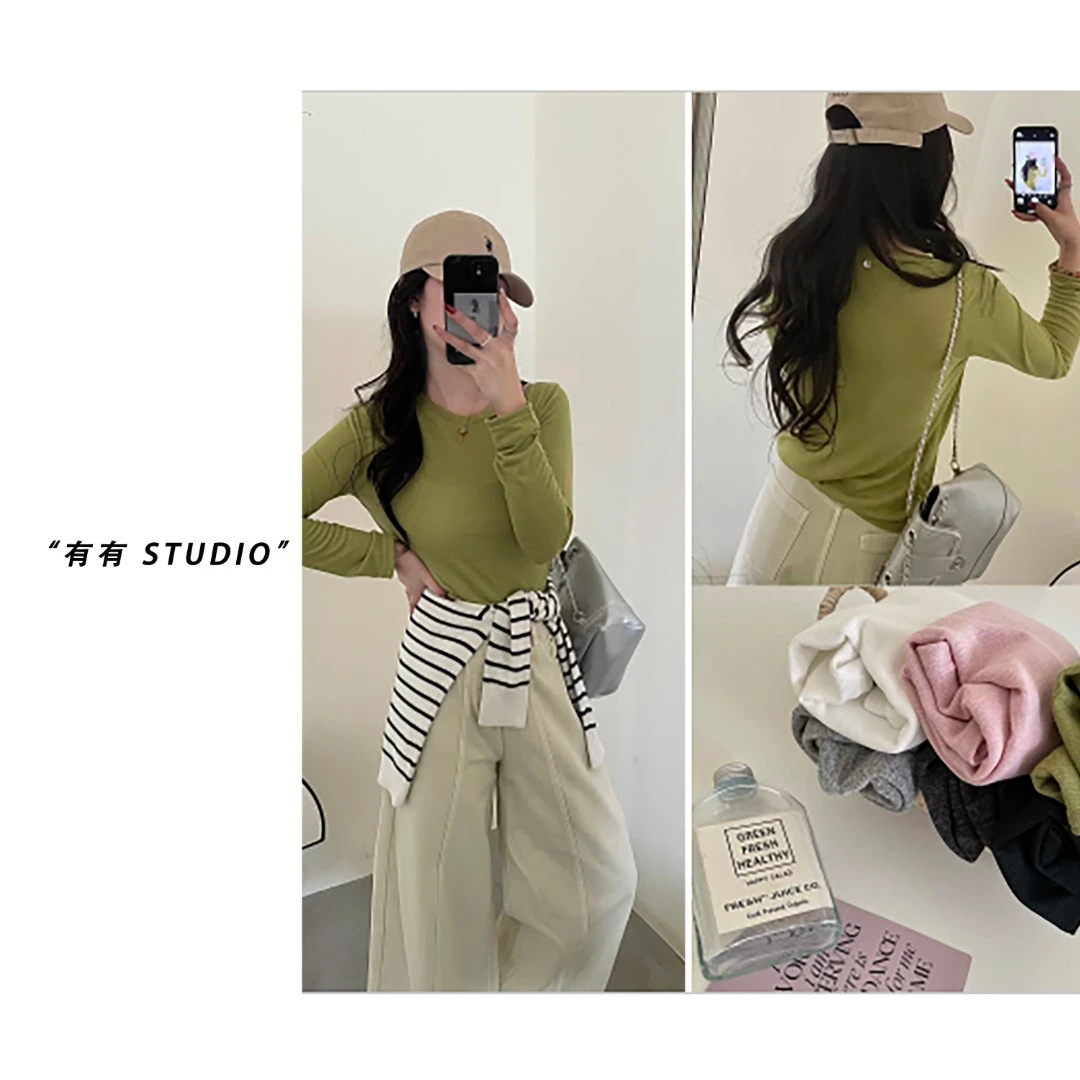 「纸片人打底」2025春季新款简约贝壳扣百搭打底衫女士圆领长袖T恤