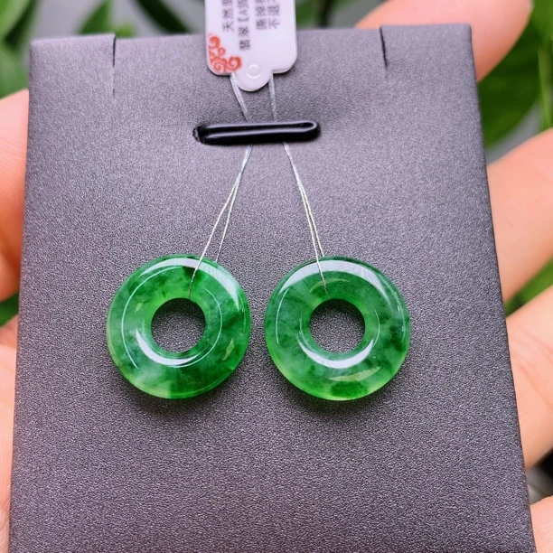 缅甸天然翡翠A货冰辣绿甜甜圈一对A388#