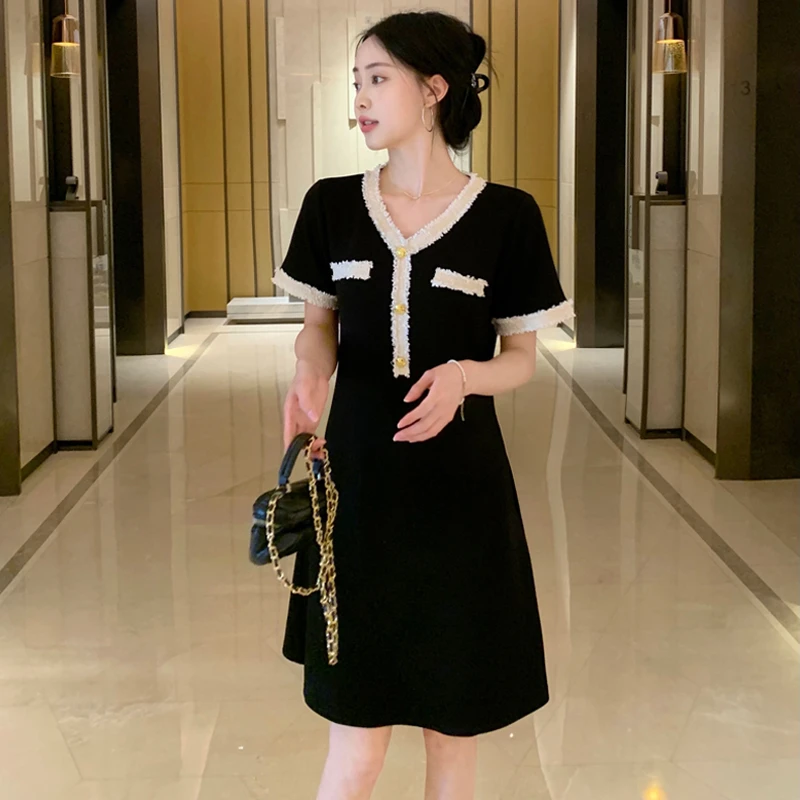 2025夏季新款时尚小香风拼接V领收腰显瘦连衣裙#866