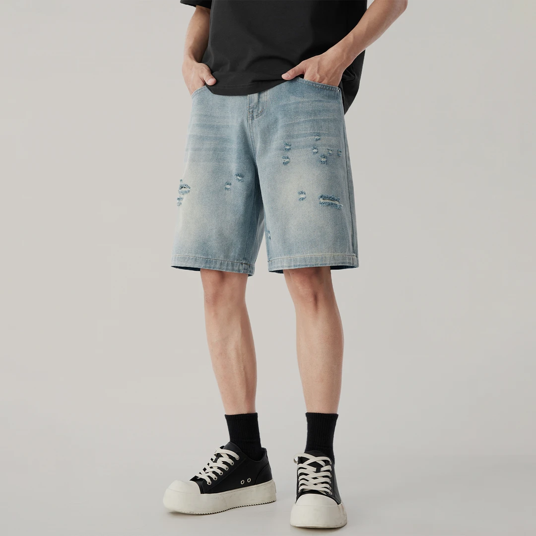 夏季薄款透气美式潮牌复古蓝色破洞牛仔短裤男直筒宽松外穿五分裤