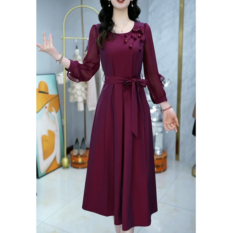 长袖高档气质收腰连衣裙女2025春夏新款喜婆婆妈妈薄款婚宴礼服裙