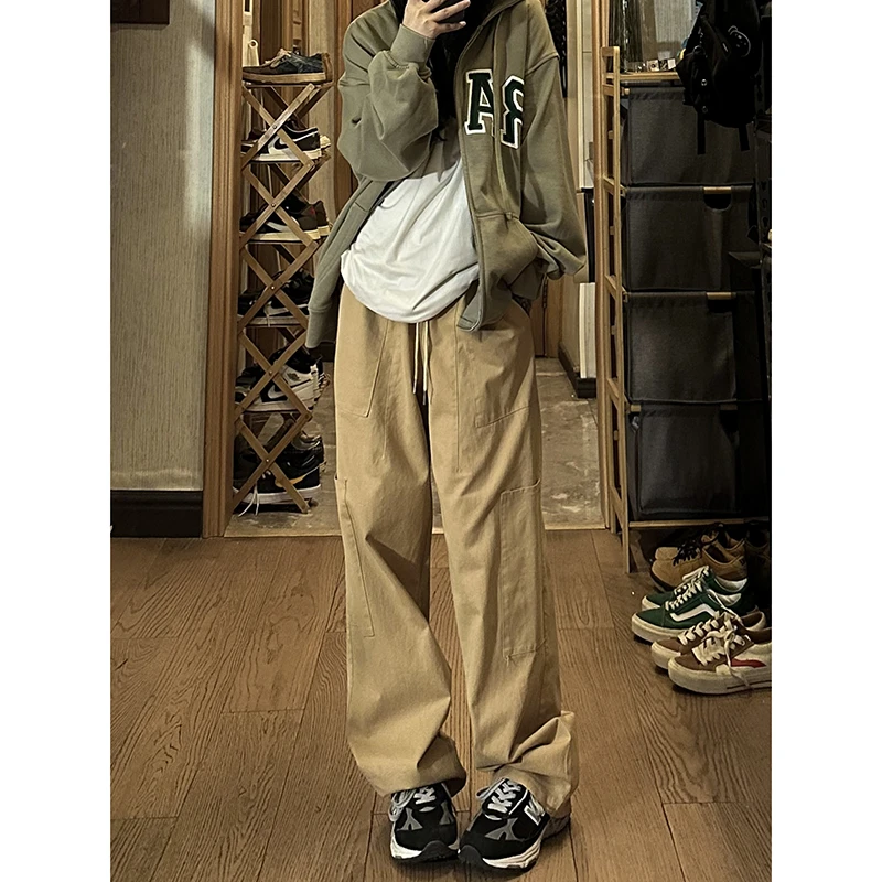 【新年宠粉】卡其色直筒工装裤女秋季大码宽松阔腿休闲裤YBL-2351