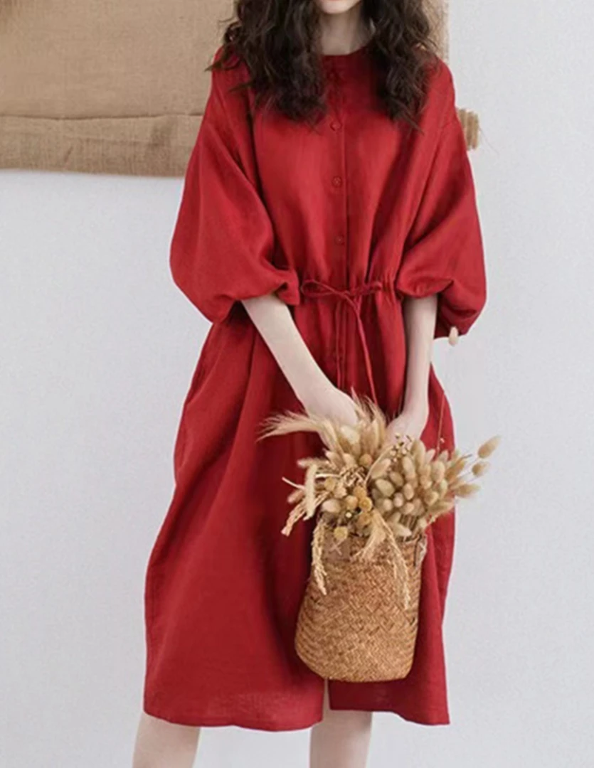 法式复古红色七分袖连衣裙女2025早秋百搭宽松收腰显瘦气质衬衫裙