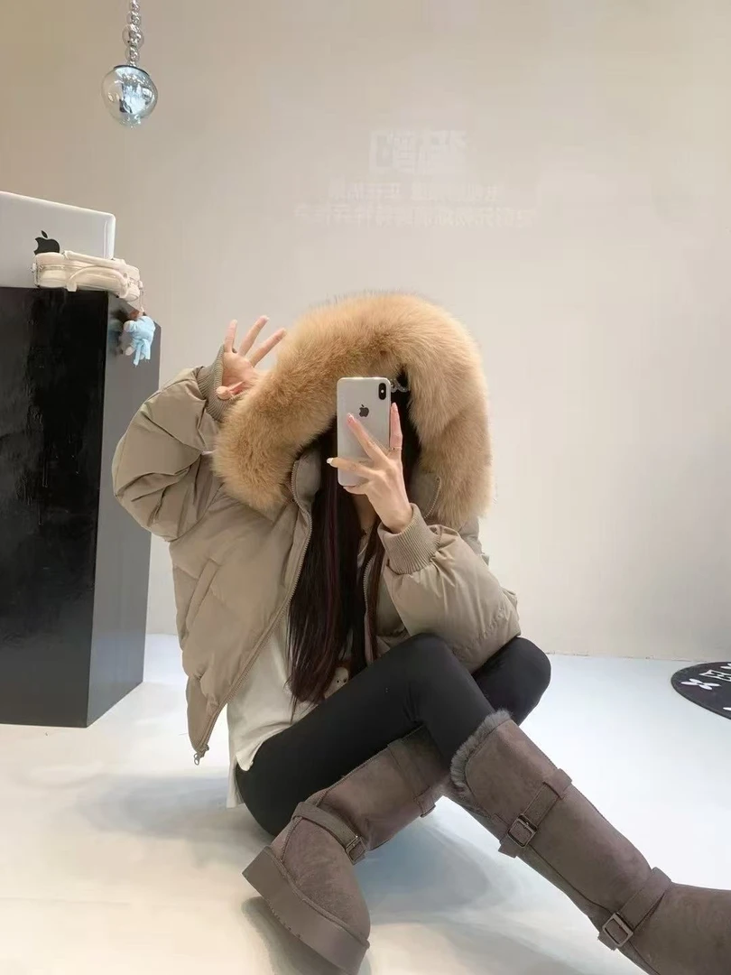 MUMU木木【白鸭绒+狐狸毛领】保暖连帽羽绒服加厚短外套上衣MM10051