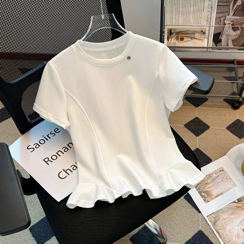 妮妮家25032韩版显瘦圆领下摆荷叶边收腰显瘦百搭短袖