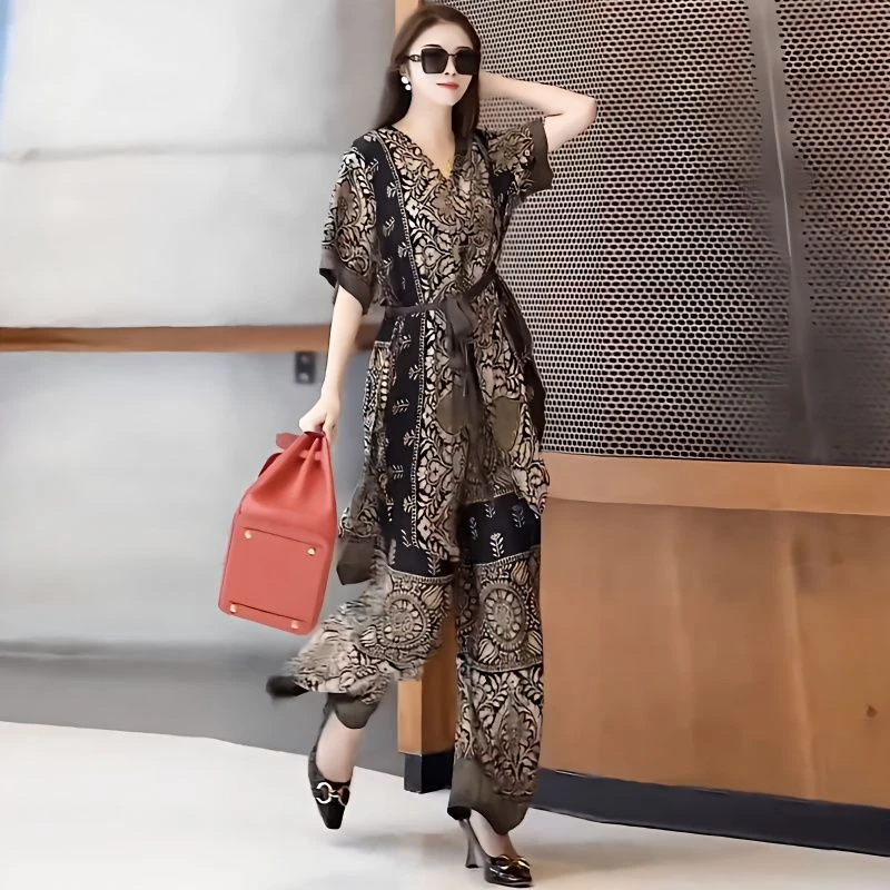 TT重磅丝夏季新款v领短袖阔腿裤时尚套装宽松大码休闲两件套女