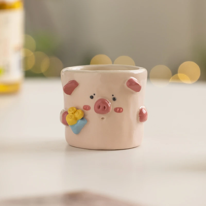 立体花花小粉猪手握杯