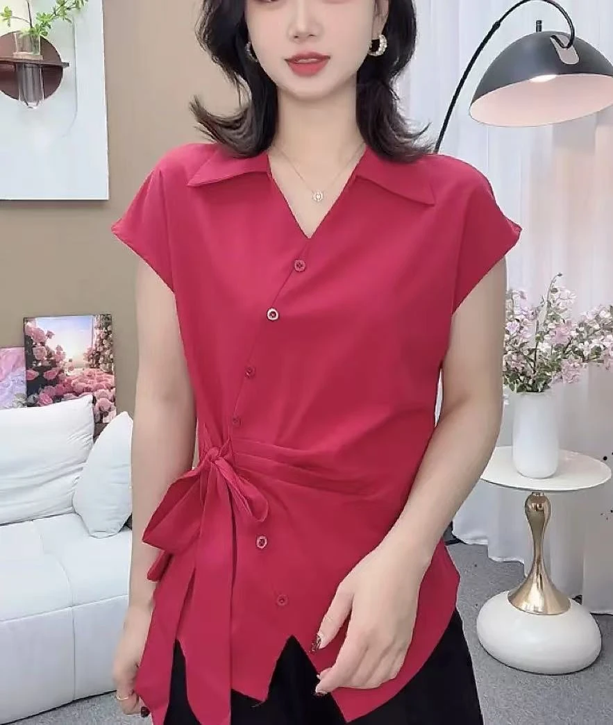 2025夏季新款不规则系带短袖衬衫气质显瘦遮肚绑带漂亮减龄时尚